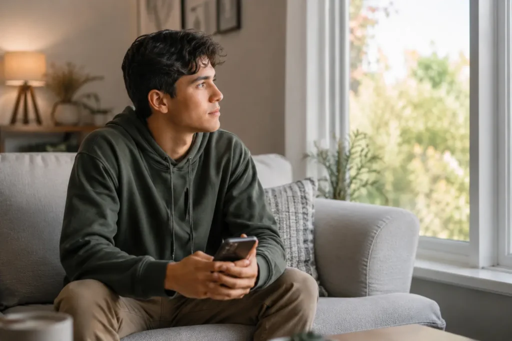 Photo of an individual reflecting at home before deciding to seek a mental health evaluation