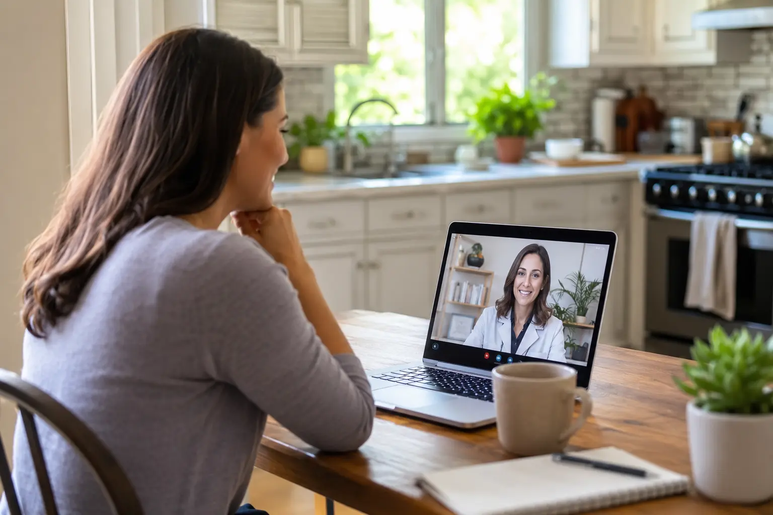 Woman having a telehealth psychiatric evaluation appointment on a laptop from home
