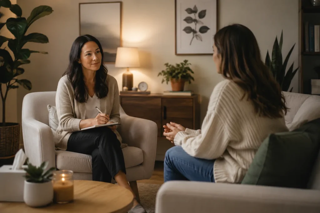 Therapist and client in a warm, trauma-informed therapy room