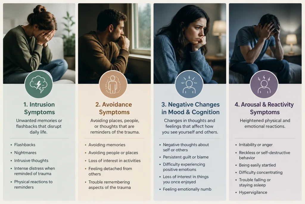 Infographic-style breakdown of the four PTSD symptom clusters