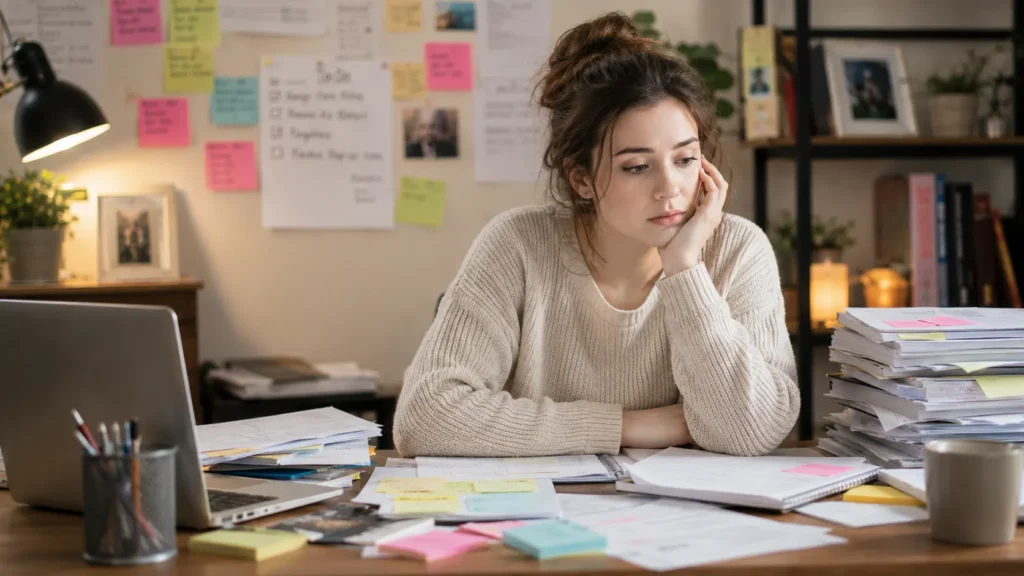 ADHD in women shown through a woman overwhelmed at a cluttered desk